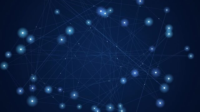 Abstract network illustration. Bright points connected by thin lines forming complex structure. Dark blue background dominates image.