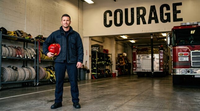 Male firefighter standing in fire station holding helmet