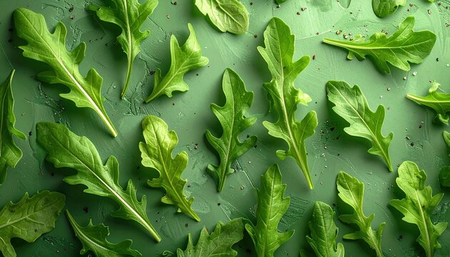 Seamless pattern of fresh arugula leaves on green background, healthy salad texture
