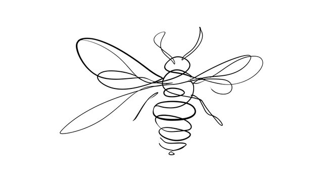 Minimalist line art bee drawing white background.