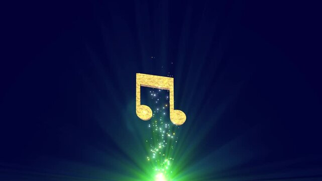 3D Golden Music Notes Rotating Loop with Neon Glow and Glittering Gold Particles on Black Background.