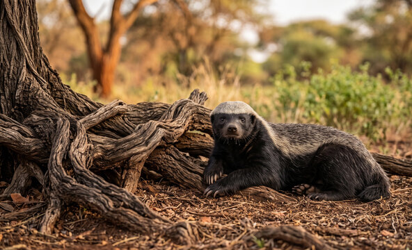 Honey Badger Resting Beside Ancient Acacia Roots