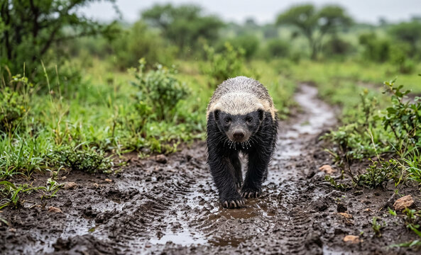 Honey Badger Portrait in Rainy Season Wilderness