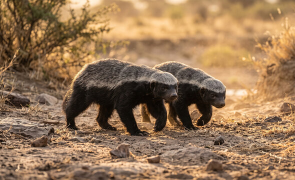 Honey Badger Pair Exploring Dry Riverbed at Golden Hour