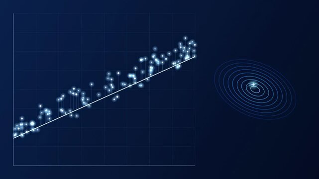 Scatterplot shows positive correlation. Right side depicts swirling pattern, possibly representing vortex or gravitational field. Data points align trendline.