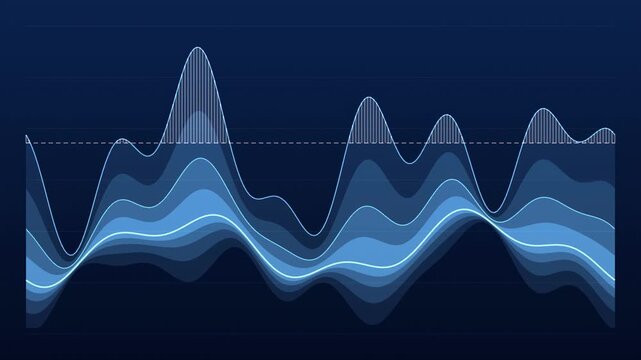 Abstract waveform visualization. Blue shades depict fluctuating signal intensity over time. Data analysis concept.