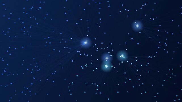Dark blue background features bright star clusters connected by thin white lines. Abstract space illustration evokes network concept.
