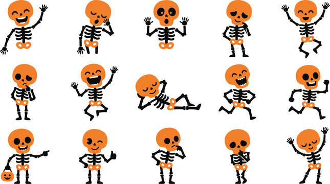 Set of cute cartoon skeletons with pumpkin heads in various poses for halloween party design and decoration
