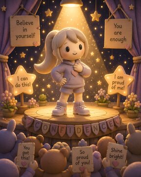 Cute 3D Clay Girl Celebrating Self Confidence on Stage with Positive Affirmations