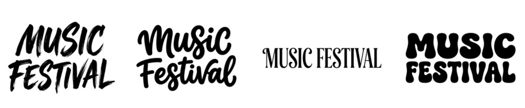 Music festival typography collection featuring diverse calligraphy styles and bold artistic lettering designs showcased for graphic projects on transparent background