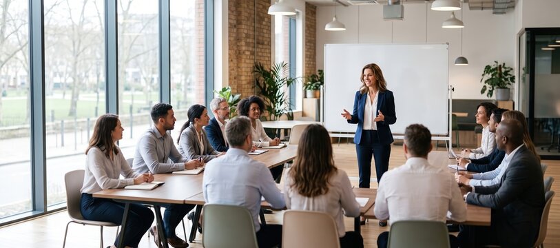 Businesswoman leading workshop with diverse team in modern office