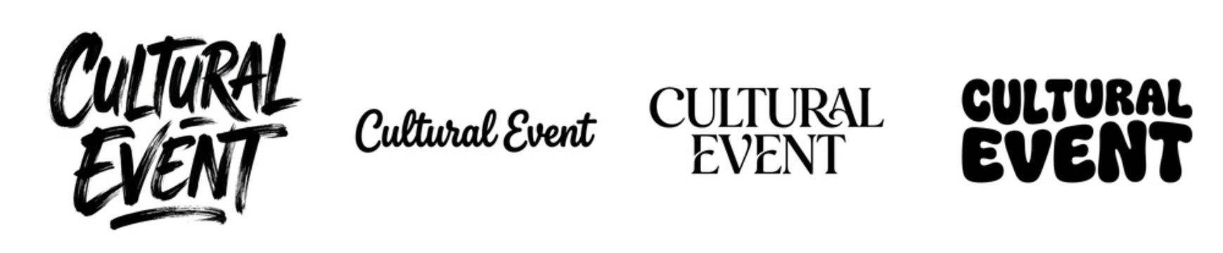 Cultural event typography collection featuring four distinct artistic lettering styles with black ink brush strokes and bold fonts on transparent background