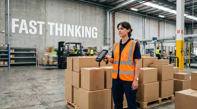 Warehouse worker scanning packages with barcode reader in distribution center