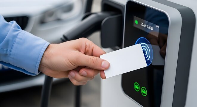 Person using access card to pay for electric vehicle charging station.