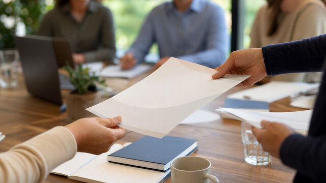Blank workshop handouts passed across adult training table