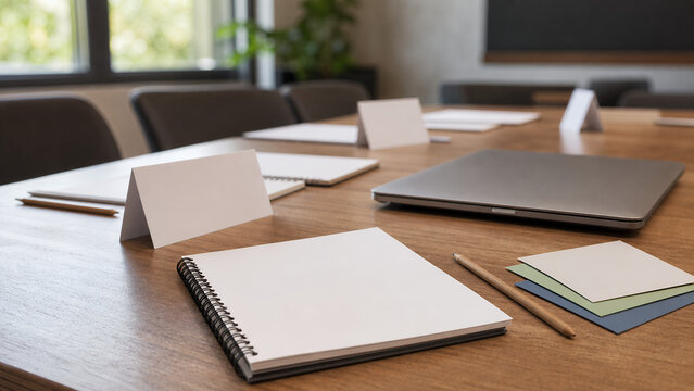 Blank training materials arranged in empty seminar room