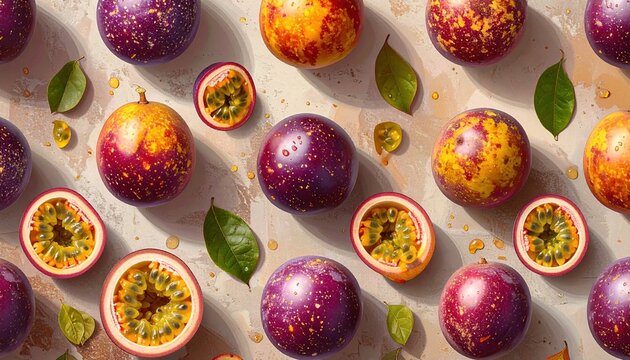 Seamless passion fruit pattern with whole and sliced fruits