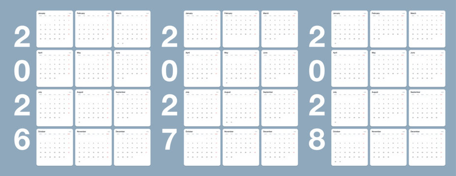 three year wall calendar set for 2026 2027 and 2028. twelve month grid planner per year. blue and white annual schedule layout. printable yearly organizer template
