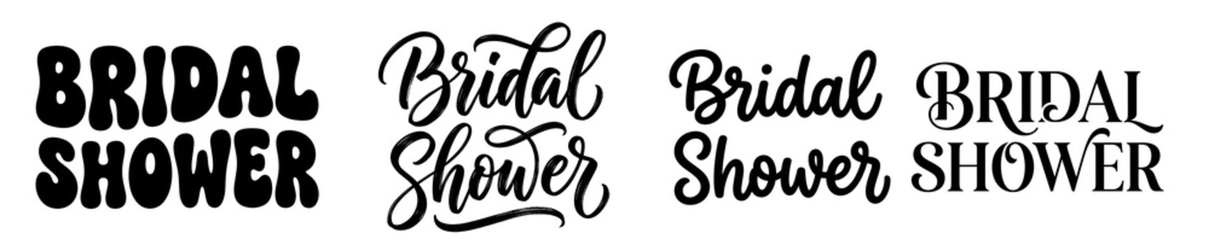 Multiple styles of bridal shower calligraphy typography sets featuring various artistic lettering designs arranged neatly for decorative use on transparent background