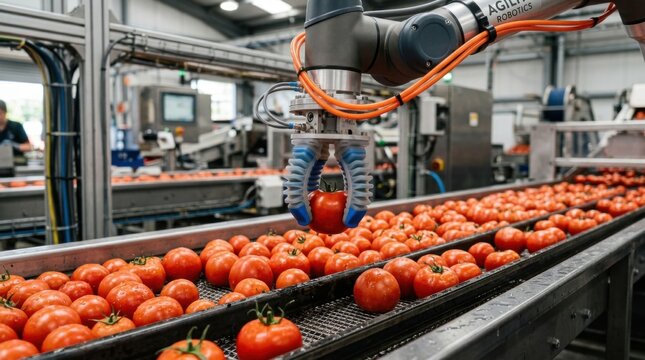 Robotic arm picking up a tomato on a conveyor belt in a food processing plant