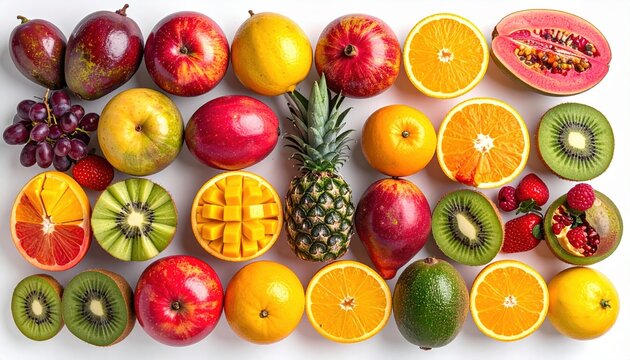 Assorted fresh tropical fruits arranged for commercial food catalog, isolated on pure white background