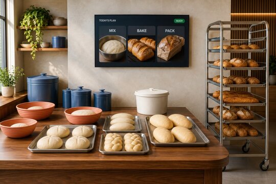 Small Bakery Production Workspace With Digital Planning Screen