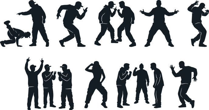 Hip Hop Dance Silhouette Collection with Street Dancers, Rap Performance, Urban Freestyle Poses, and Breakdance Culture Vector Illustration Set