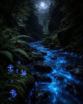 Bioluminescent Forest Stream Glowing Through a Dark Valley