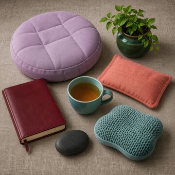 Stress Relief Setup With Calm Sensory Objects and Tea