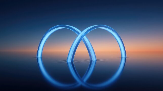 Two glowing blue neon circles overlapping to form a vesica piscis shape against a soft sunset background
