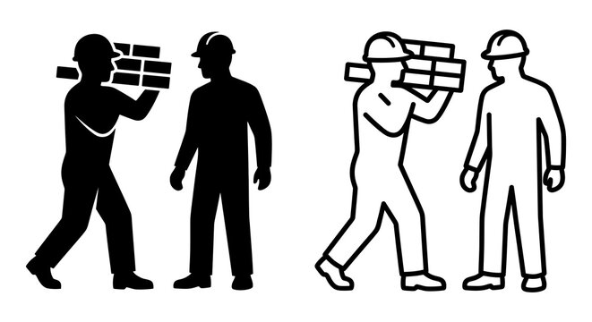 Construction worker carrying bricks silhouette illustration black and white