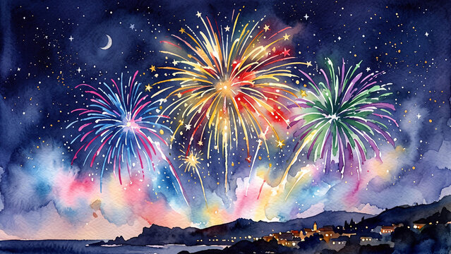Watercolor fireworks display at night. Festive pyrotechnic explosion in a starry sky.