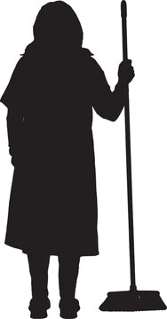 vector,  silhouette of rear view of a cleaning woman with a broom