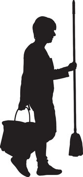 vector,silhouette of a woman with a mop walking