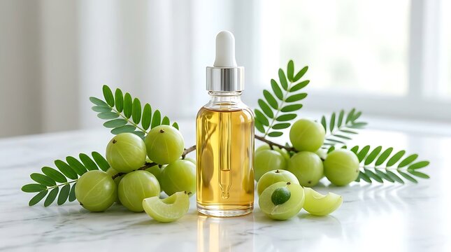 A bottle of fresh organic amla oil with green gooseberry fruits and leaves for hair and skin care. amla oil