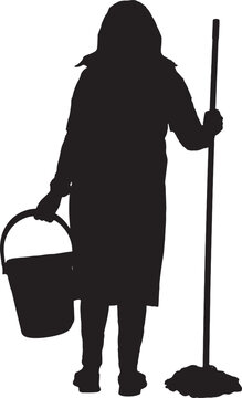 vector, silhouette of rear view of a portrait of woman with a mop