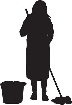 vector,   silhouette of portrait of woman with a mop
