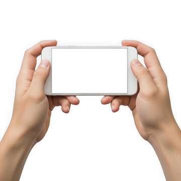 Person holding a white smartphone in landscape orientation