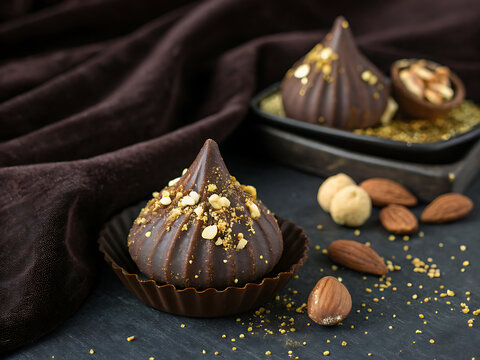 A single Chocolate Dry Fruit Modak, glossy chocolate shell filled with premium nuts, decorated with gold dust, luxury gourmet presentation, dark velvet backdrop