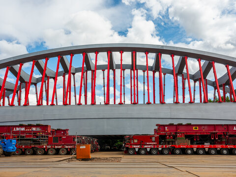 Hamburg, Germany - 07272026: Side View of the New Sternbr&uuml;cke with Heavy Transport Vehicles in Hamburg.