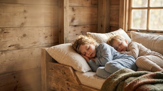 Two young children sleeping peacefully side by side on a cozy wooden bed inside a rustic log cabin.