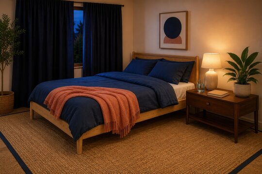 Cozy Bedroom at Night With Warm Lighting and Comfortable Bed