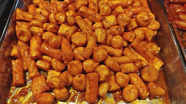 Close Up of Delicious Korean Tteokbokki Spicy Rice Cakes with Fish Cakes in Red Sauce