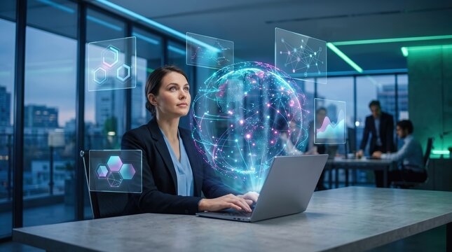 Businesswoman Using Futuristic Business Intelligence Dashboard in Modern Office