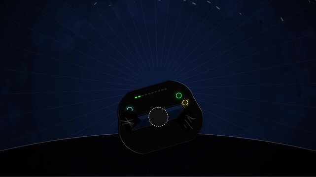 Futuristic digital cockpit interface with glowing HUD elements in space