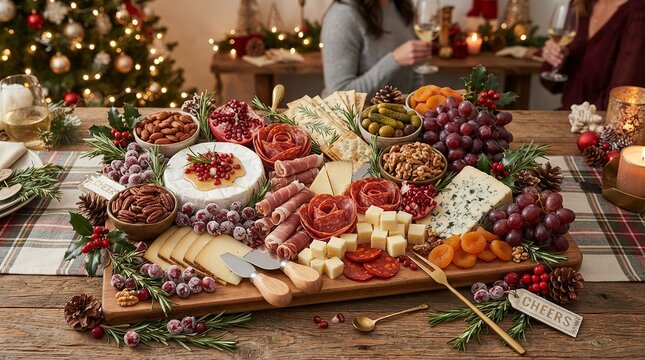 Elegant holiday cheese board spread with seasonal garnishes with inviting lighting against cozy seasonal background festive garnishes rustic wooden table