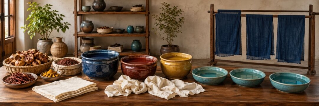 Indigo Fabric Dyeing Setup With Natural Dye Craft Tools