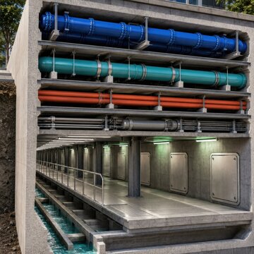 Underground Utility Corridor With Color-Coded Service Pipes