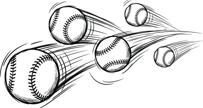 Flying Baseballs Sketch Vector Illustration with Speed Lines and Motion Effects for Sports Team T-Shirts Logos and League Championship Designs