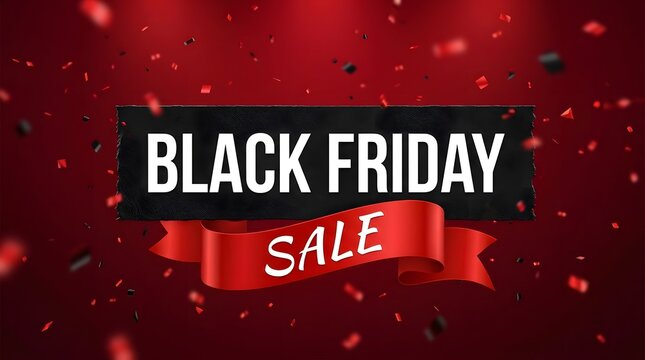 Black friday sale banner with red background and falling confetti for retail shopping event promotion